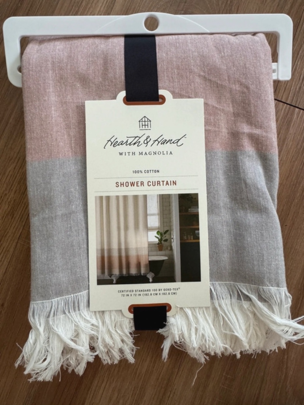 Hearth & Hand Pink and Gray Cotton Fringe Shower Curtain